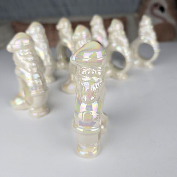 8 pc Vintage Iridescent Santa Claus Lusterware Napkin Rings Holders Christmas - Picture 7 of 12